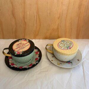 Set of 2 Mary Engelbreit tin tea cups and saucers